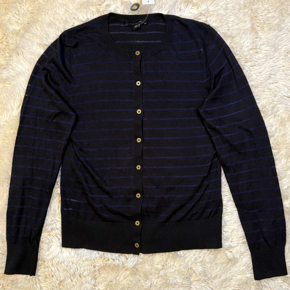 Ann Taylor Black & Blue Striped Button Front Cardigan